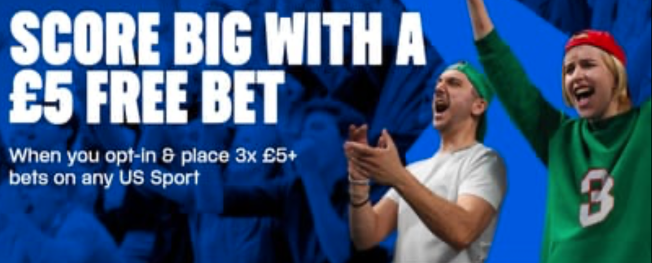 American sports promotion: get a £5 free bet when you place 3 £5 bets on any US sport, including basketball